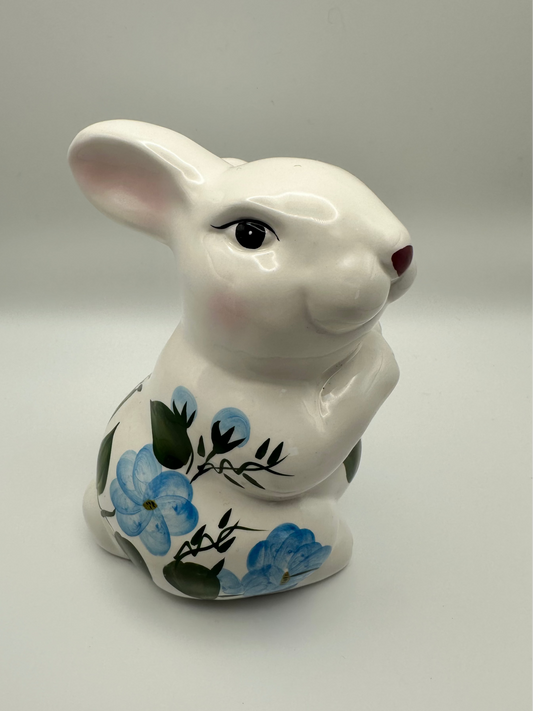 White Ceramic Bunny with Blue Flowers, Standing