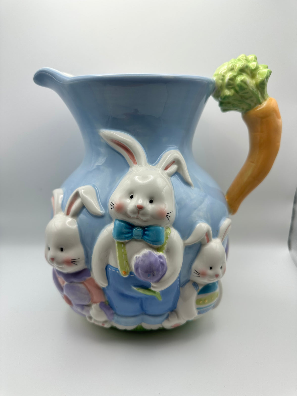 Ceramic Easter Bunny Pitcher with Carrot Handle and Sculpted Design, Light Blue
