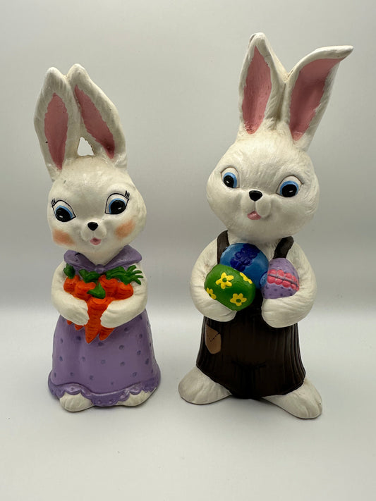 Easter Bunny Rabbit Figurines, Boy with Eggs and Girl with Carrots