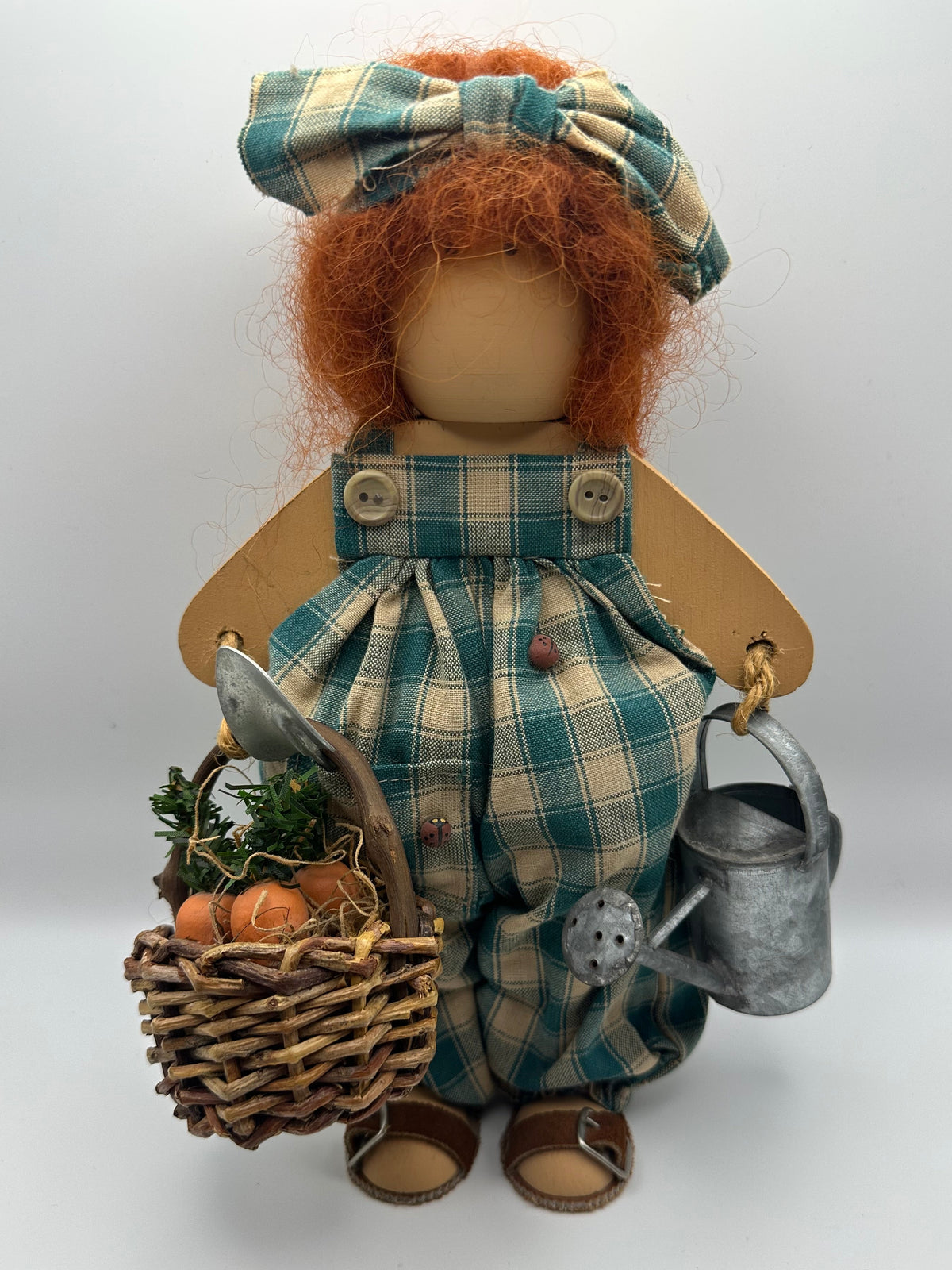 Vintage Lizzie High Wooden Doll, Basket of Carrots and Watering Can