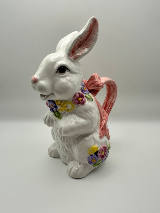 White Bunny Rabbit Spring Floral Easter Pitcher, Ceramic